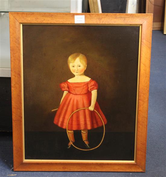 English School c.1820 Portrait of a young girl with hoop 23 x 19in.